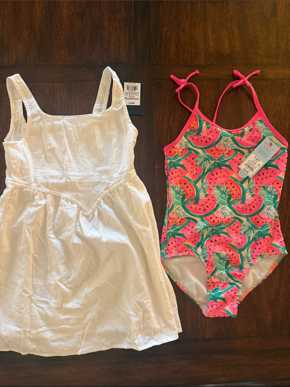 White Sundress & Pink Watermelon One-Piece Swimsuit Set- Size 6/7